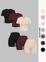 Women's Solid Round Neck Shortsleeve Tee & High Waist Shorts Ribbed Set, Basic Casual Short Sleeve Crewneck T-shirt & Skinny ...
