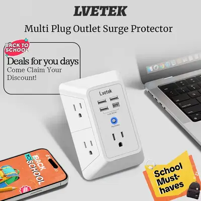 USB Wall Charger Surge Protector，LVETEK 5 Outlet Extender with 4 USB Ports (1 USB C Outlet) 3 Sided 1680J Power Strip Multi...