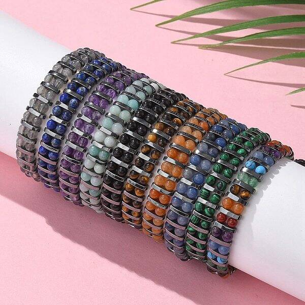 Natural & Synthetic Gemstone and Synthetic Hematite Adjustable Braided Bead Bracelets