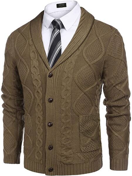 Shawl Collar Button Down Knitted Sweater with Pockets (US Only), Coffee / XXXL