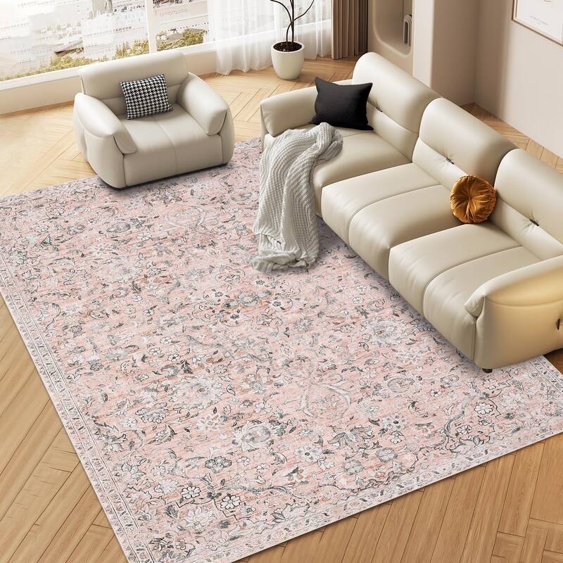 Garvee 8x10 Rug Washable Rugs for Living Room Vintage Floral Area Rug for Bedroom Distressed Oriental Office Rug Low Pile Neu...