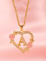 Initials Heart Shaped Pendant Necklace, Rhinestone Decorated Necklace, Fashion Artificial Zircon Decor Jewelry for Party, Dai...