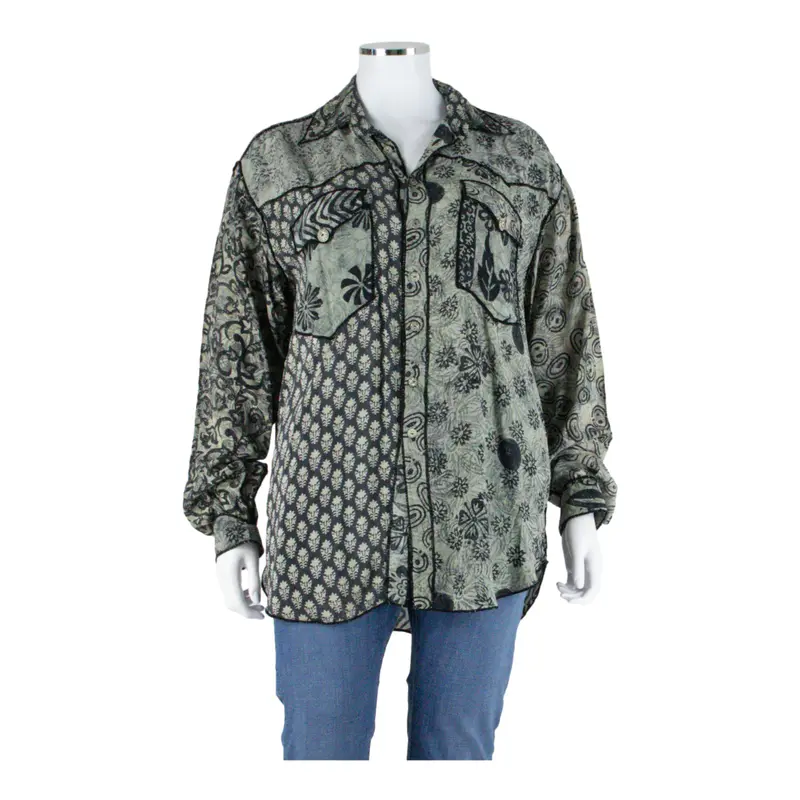 PAUL ROPP Womens Printed Blouse Grey Long Sleeve Faux Silk Crazy Pattern XL
