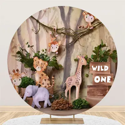 Aperturee Wild Animals Forest Safari Round 1St Birthday Backdrop | Round Backdrop Fabric Cover | Round Party Backdrop | Circl...