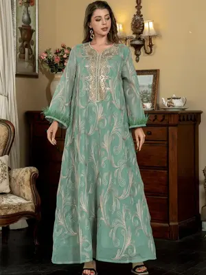 Women's Paisley Embroidery V Neck Arabian Dress, Modest Long Sleeve Maxi Muslim Dress for Party Daily Wear, Ladies Islamic Cl...