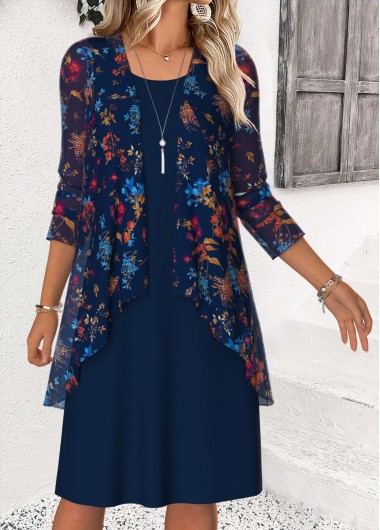 Modlily Navy Tummy Coverage Ditsy Floral Print Dress and Cardigan - S
