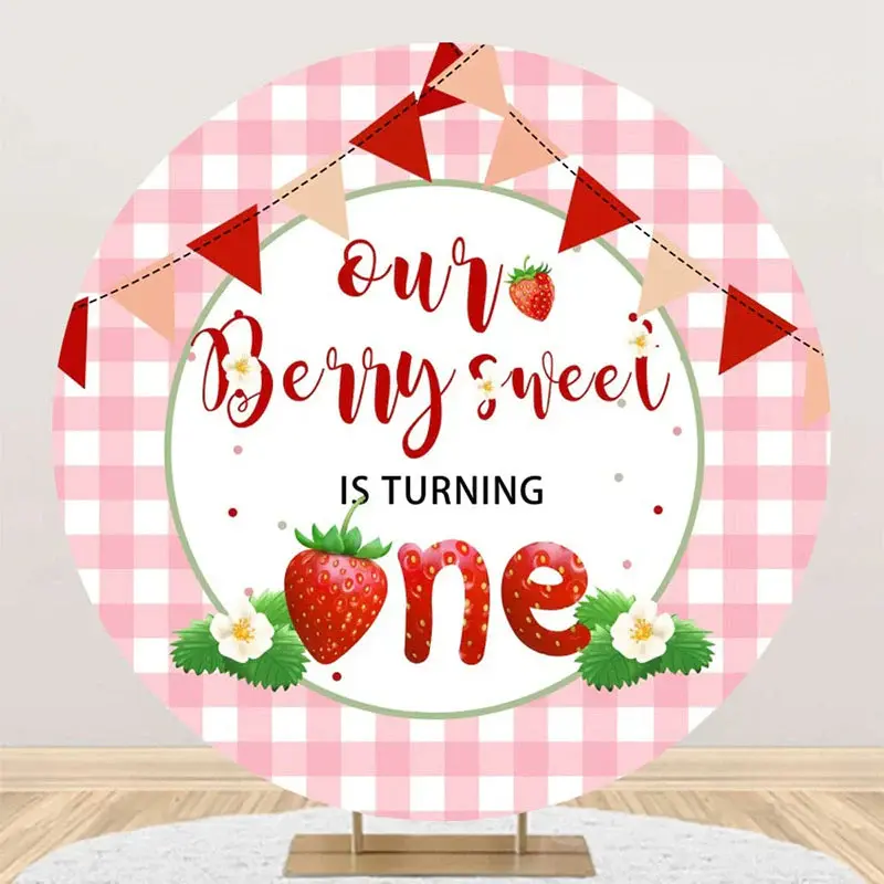 Pink Berry Sweet Plaid Round 1st Birthday Backdrop - Aperturee