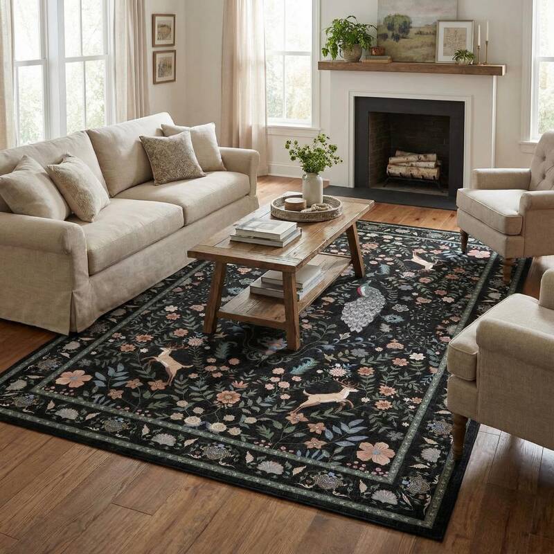 Garvee Extra Large Area Rug 10x13 Washable Non Slip Floral Peacock Printed Rug Indoor Soft Floor Cover Black