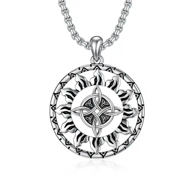 Sterling Silver Celtic Knot Sun With Witches Knot Pendant Necklace For Men