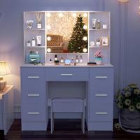 XXL Large White Design Dressing Table and Stool, Bedroom Vanity Desk Set with 7 Drawers and 10 LED Lighted Mirror, Modern Mak...