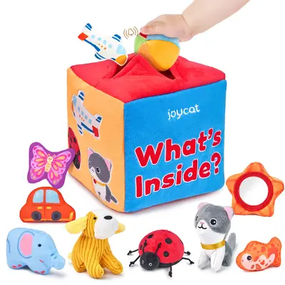 JoyCat Mystery Soft Box with 10 Sensory Objects, Rattle, Crinkle Paper, Mirror, Soft Busy Toys, Stuffed Animal Sensory Toys, ...