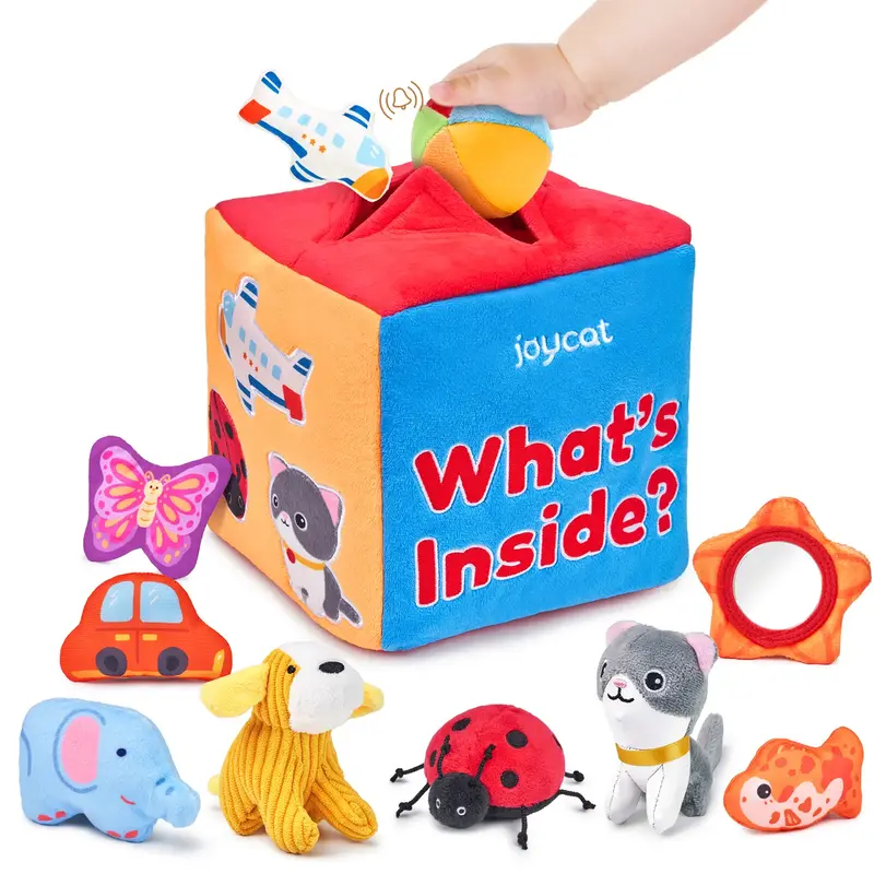 JoyCat Mystery Soft Box with 10 Sensory Objects, Rattle, Crinkle Paper, Mirror, Soft Busy Toys, Stuffed Animal Sensory Toys, ...