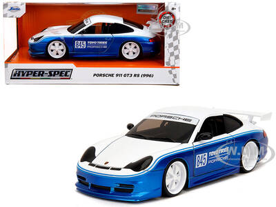 Porsche 911 GT3 RS (996) #845 White and Blue Metallic Toyo Tires Hyper-Spec Series 1/24 Diecast Model Car by Jada