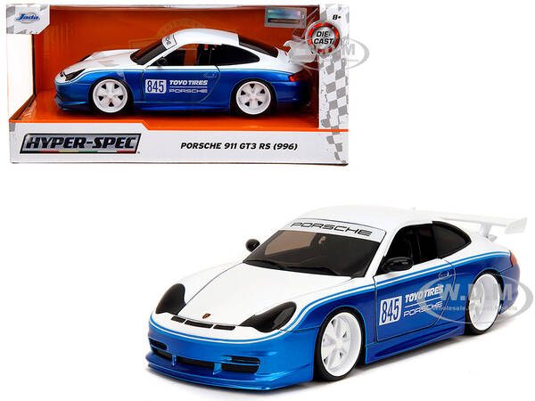 Porsche 911 GT3 RS (996) #845 White and Blue Metallic Toyo Tires Hyper-Spec Series 1/24 Diecast Model Car by Jada