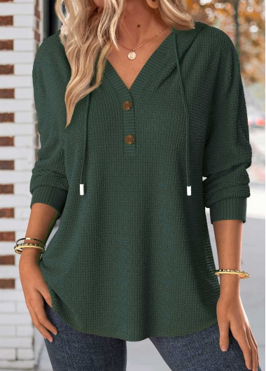 Modlily Blackish Green Button Long Sleeve Hoodie - XL