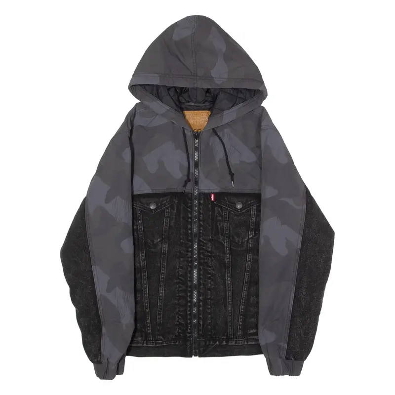 LEVI'S BIG E Split Panel Mens Denim Jacket Black Hooded Camouflage M