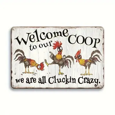 Welcome to Our Coop Metal Sign, Chicken & Letter Pattern Decorative Plaque, Vintage Tin Plate, Farmhouse Chicken Coop Henhous...