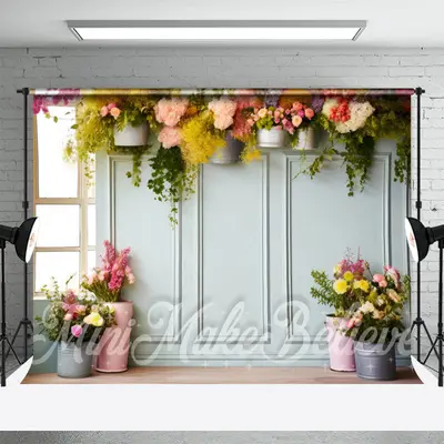 Romantic Colorful Flower Pots Wall Spring Backdrop - Aperturee