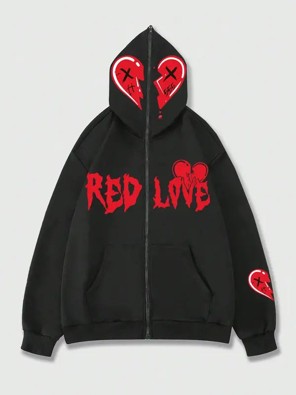 Unisex Men's Letter & Heart Print Long Sleeves Zip Up Hoodie, Casual Loose Pocket Graphic Print Hooded Sweatshirt Pullover, ...