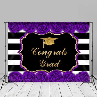 Purple Roses Stripe Congrats Grad Photo Booth Backdrop - Aperturee