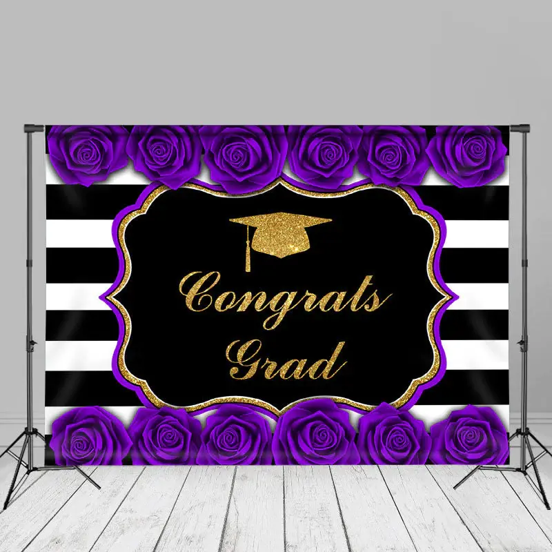 Purple Roses Stripe Congrats Grad Photo Booth Backdrop - Aperturee