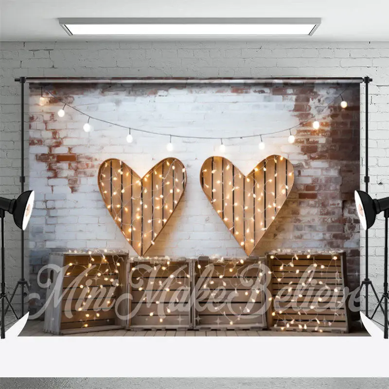 Light Wood Heart Brick Wall Valentines Day Backdrop - Aperturee