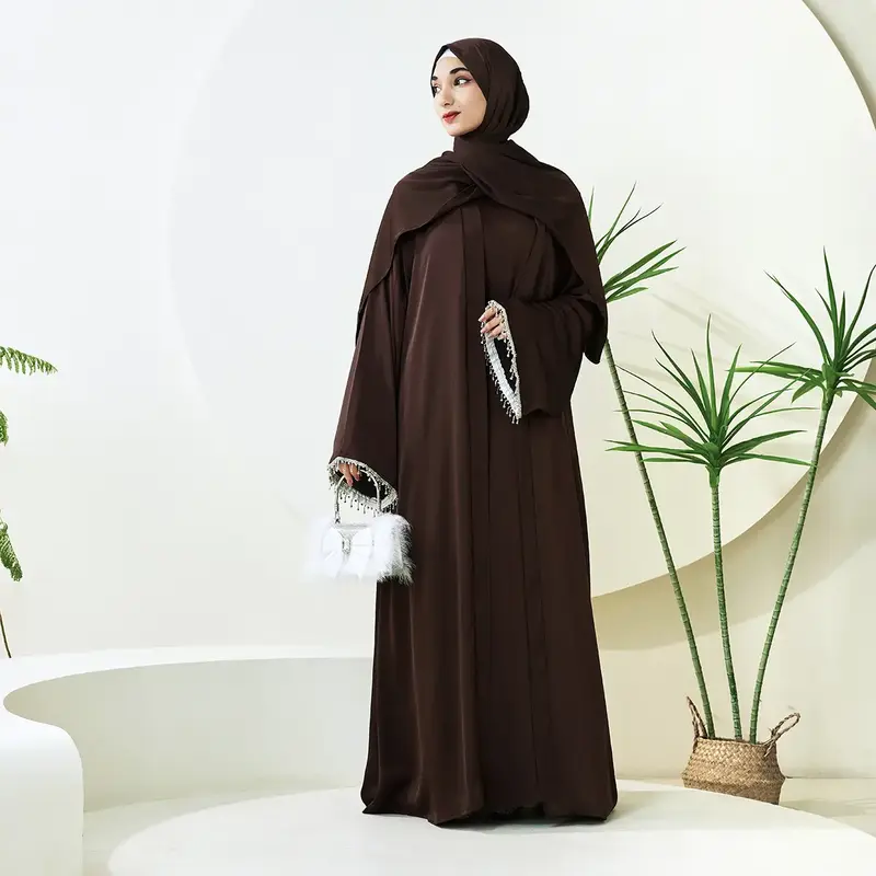 Satin Abaya With Diamond Tassels Belt, 4-Piece Set (NCS004)