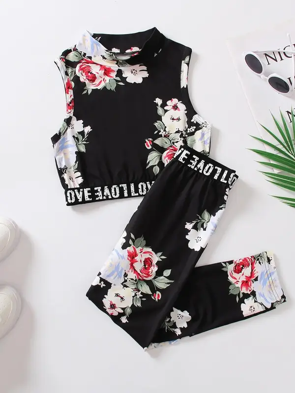 Girl's Floral & Letter Print Summer 2 Piece Tank Top & Pants Set, Casual Mock Neck Tank Top & Straight Leg Pants, 2pcs Outfit...