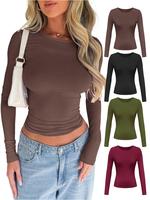 Women's Solid Color Simple Minimalist Long Sleeve Round Neck Tee, Casual Crew Neck T-shirt for Spring & Fall, Fashion Women's...