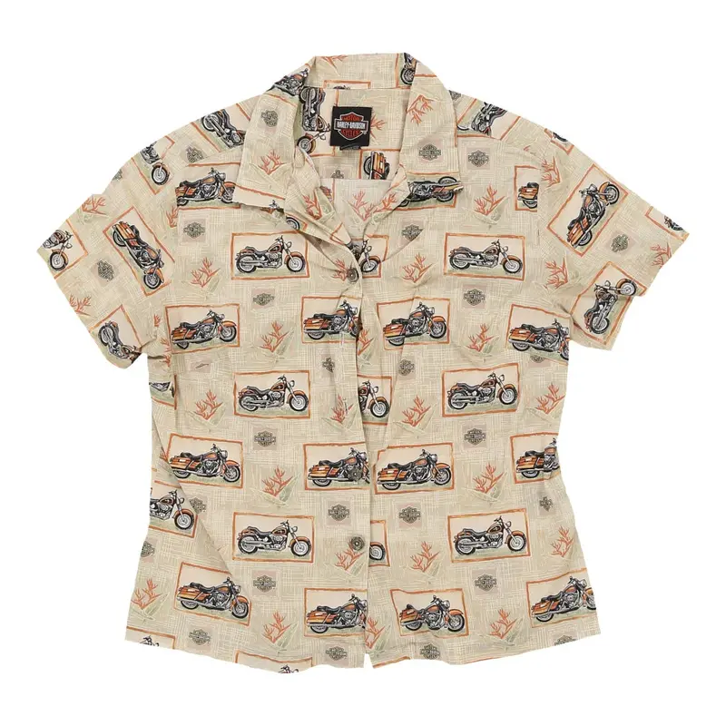 Age 10-11 Harley Davidson Graphic Short Sleeve Shirt - Medium Beige Cotton