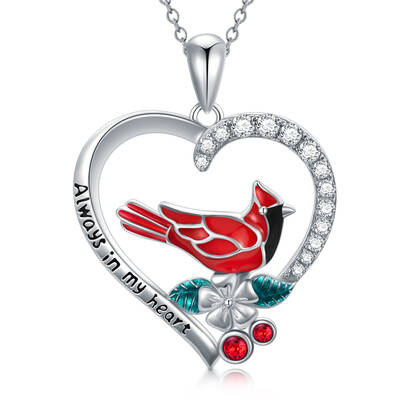Sterling Silver Circular Shaped Cubic Zirconia Cardinal Wildflowers Heart Pendant Necklace
