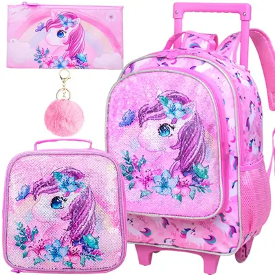 Rolling Backpack for Girls , Kids Roller Wheels School Bookbag with Lunch Bag, Wheeled School Bag for Children