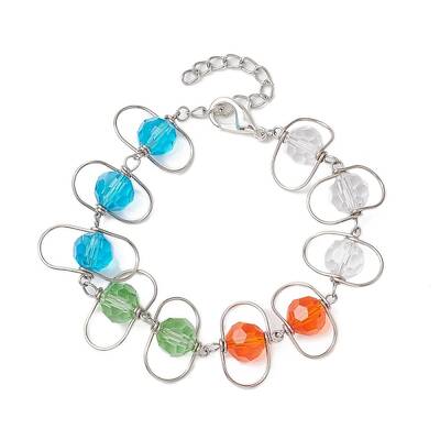 Copper Wire Wrapped Colorful Faceted Glass Round Bead Link Bracelets for Women