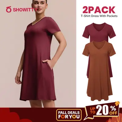 SHOWITTY 2-Pack Women's Casual T-Shirt Loungewear Dresses with Pockets Plus Size Short Sleeves Pajama Dress- Breathable Light...