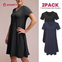SHOWITTY 2-Pack Women's Casual T-Shirt Dresses with Pockets Plus Size Short Sleeves - Breathable Lightweight Fit for Summer O...