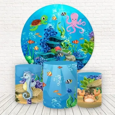 Aperturee Deep Sea Blue World Round Happy Birthday Backdrop Kit | Circle Backdrops For Birthday | Birthday Backdrop Ideas | C...