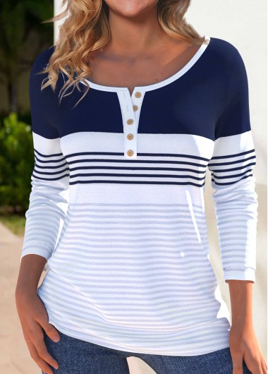 Modlily White Button Striped Long Sleeve Boat Neck T Shirt - XL