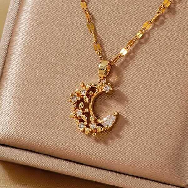 Shiny Brass Clear Cubic Zirconia Pendant Necklaces for Women
