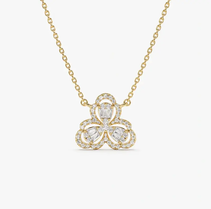 14K Gold Clover 0.25 CT Baguette Diamond Necklace
