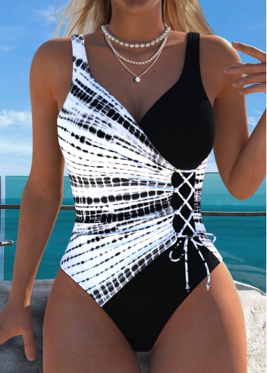 Modlily Pull On Tie Dye Print Black One Piece Swimwear - XXL