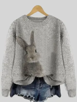 Women's Rabbit Print Drop Shoulder Crewneck Sweater, Casual Chic Long Sleeve Round Neck Jumper for Fall & Winter, Fashion Lad...