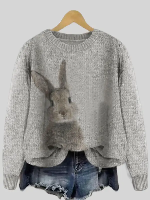 Women's Rabbit Print Drop Shoulder Crewneck Sweater, Casual Chic Long Sleeve Round Neck Jumper for Fall & Winter, Fashion Lad...