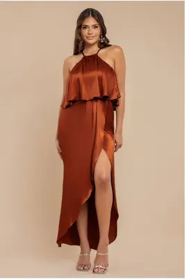 Goddiva Satin Viscose Front Wrap Midaxi Dress - Brown