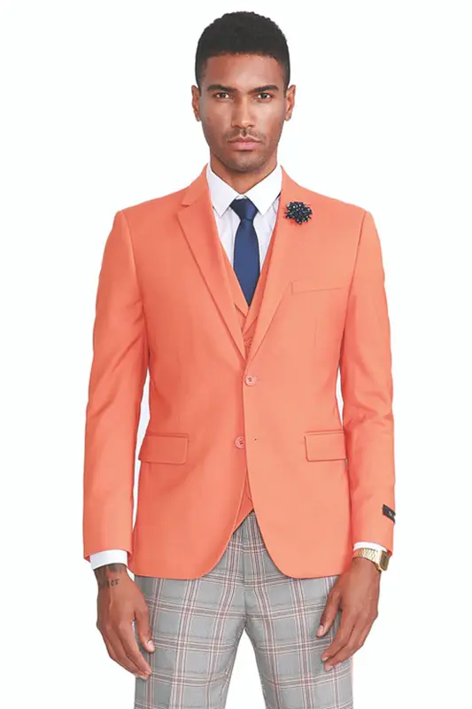 Orange Men's Summer Suit with Two Button Vest & Grey Plaid Pants
