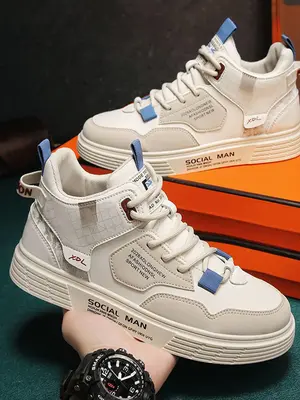 Men's Geometric & Letter Pattern Patchwork Design Lace up Front High Top Sneakers, Casual Comfort Breathable Shoes for Daily ...