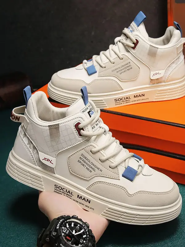 Men's Geometric & Letter Pattern Patchwork Design Lace up Front High Top Sneakers, Casual Comfort Breathable Shoes for Daily ...