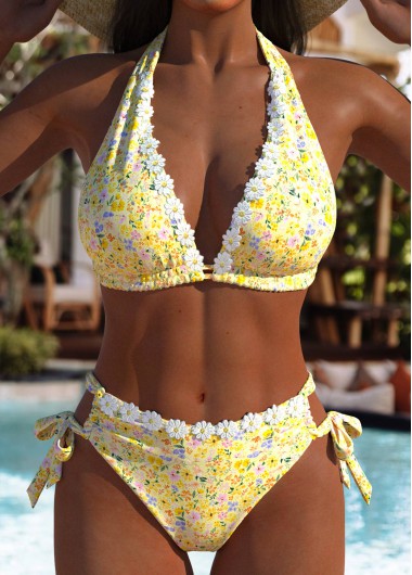 Modlily Low Waisted Floral Print Yellow Bikini Set - XS
