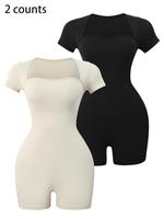 Women's Basic Square Neck Sports Romper, Pickleball & Tennis Clothes, Lady Sporty Back To School Short Sleeve Ribbed Romper, ...