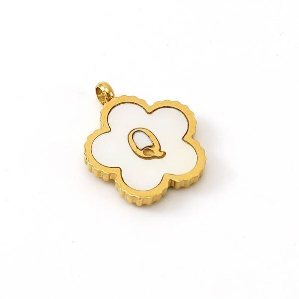 Golden Tone Stainless Steel Pave White Shell Letter Flower Charms