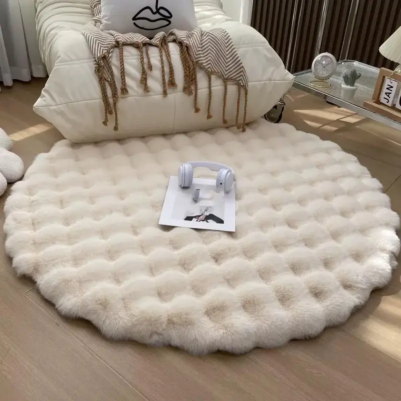Round Faux Rabbit Fur Rug, Non-slip Soft Fluffy Floor Mat, Decorative Carpet for Home Living Room Bedroom, Room Decor, Home D...